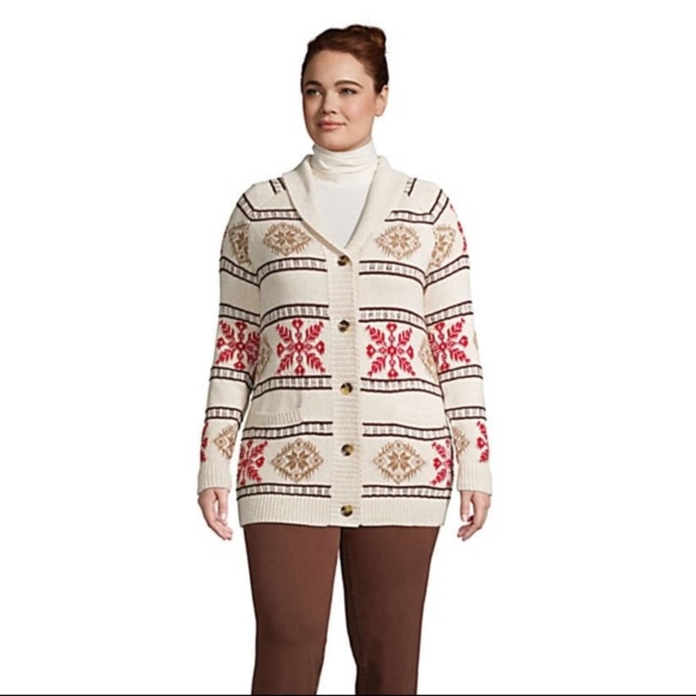 NWT Lands End Cotton Cable Drifter Cardigan Sweater Snowflake XL